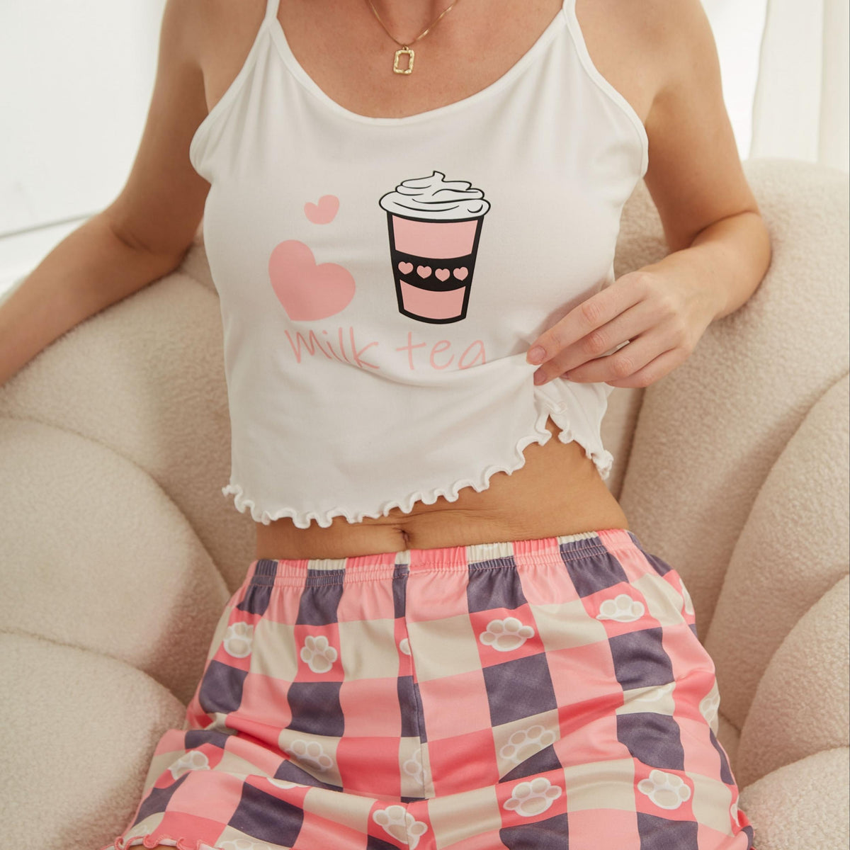 Heart Print Pajama Set Crew Neck Cami Top & Plaid Shorts