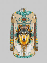 Wolf Print Open Front Cardigan Long Sleeve Outwear