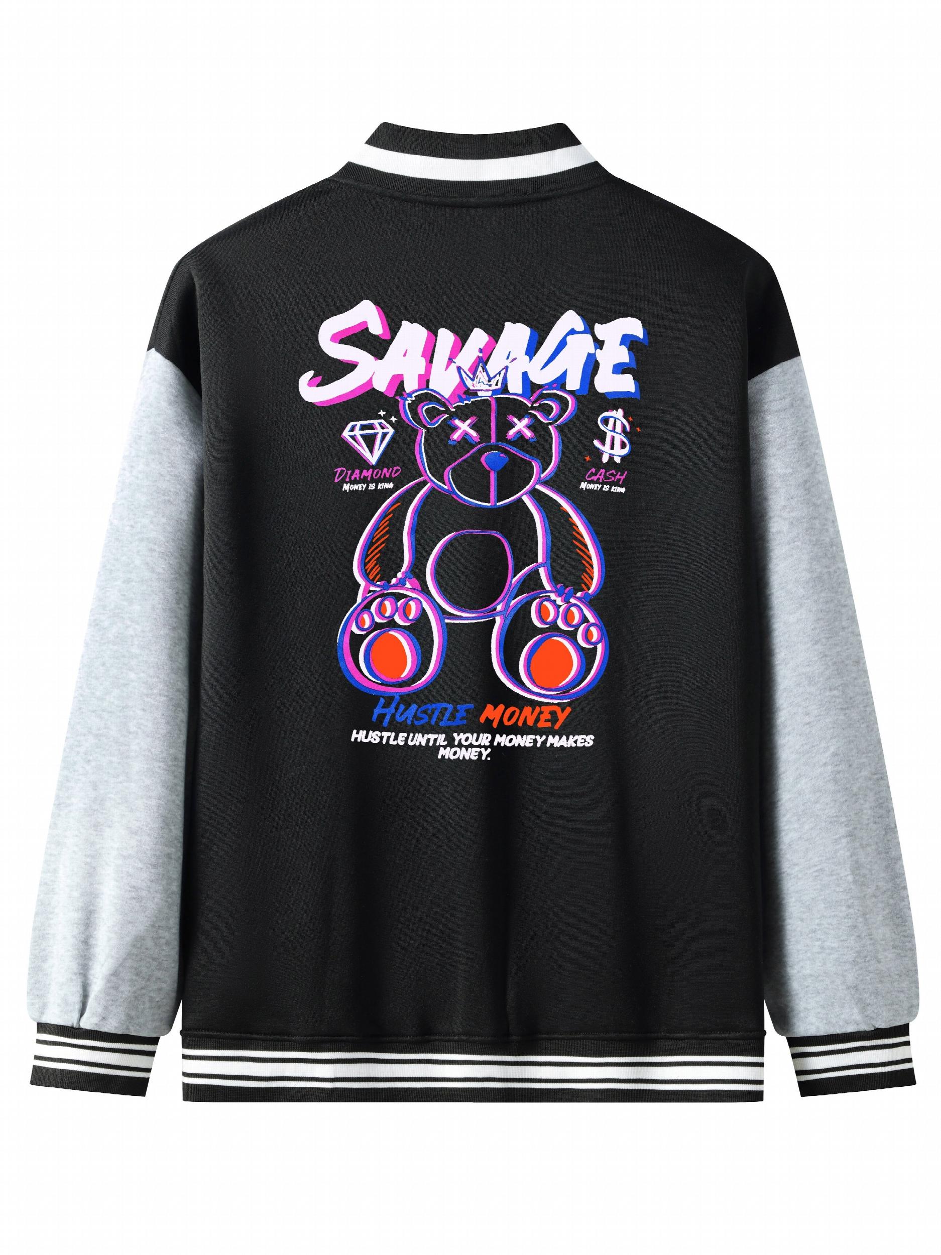 Bear Pattern Embroidery Varsity Jacket Men's Casual Button Up Jacket