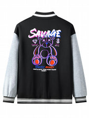 Bear Pattern Embroidery Varsity Jacket Men's Casual Button Up Jacket