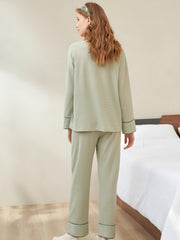 Solid Pajama Set Long Sleeve V Neck Top & Elastic Waistband Pants