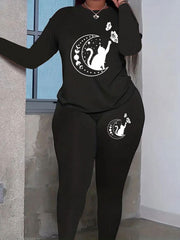  Cat & Moon & Butterfly Print Top & Leggings 2 Piece Set