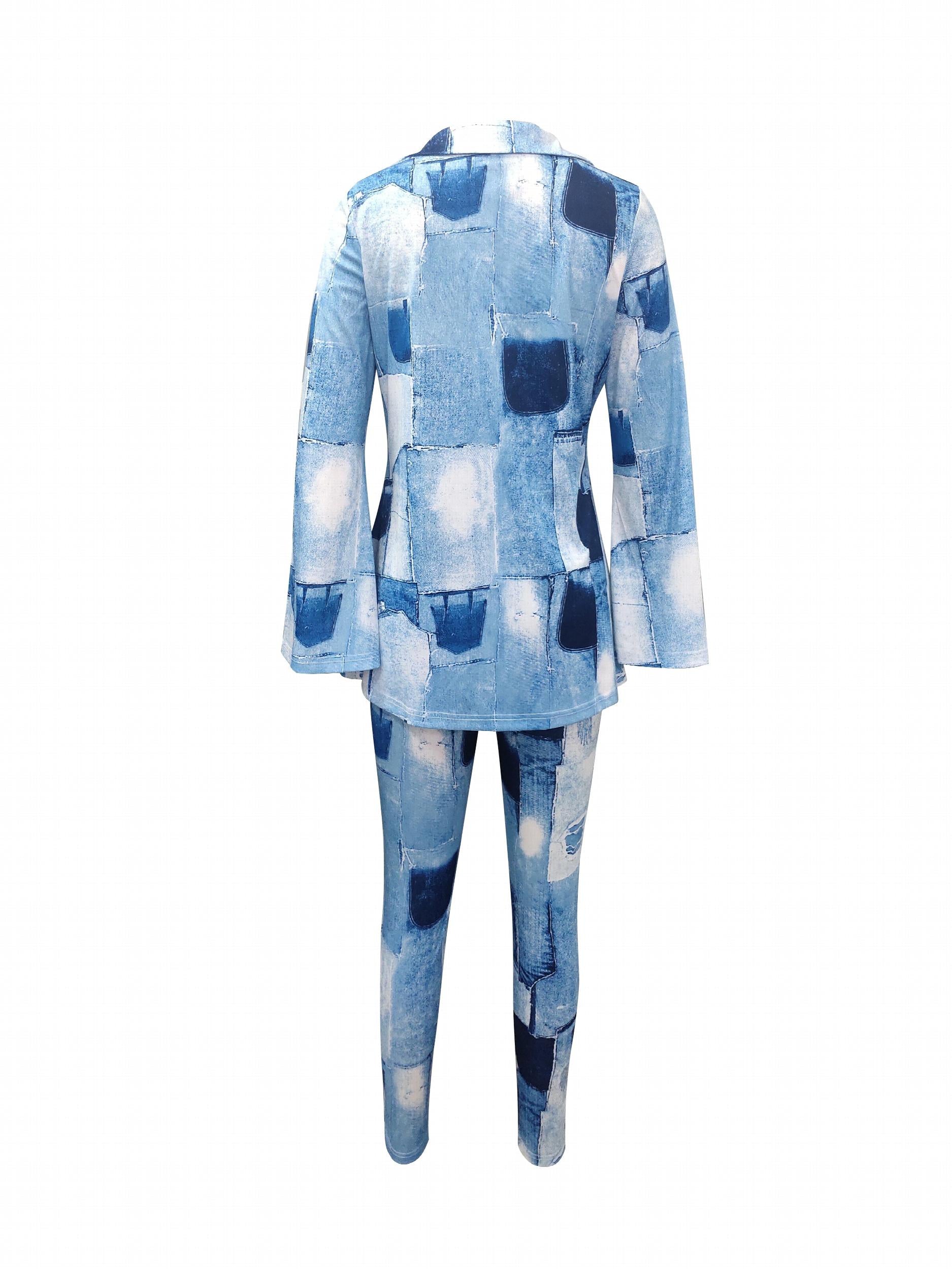 Patchwork Print Two Piece Set V Neck Long Sleeve Tops & Pants