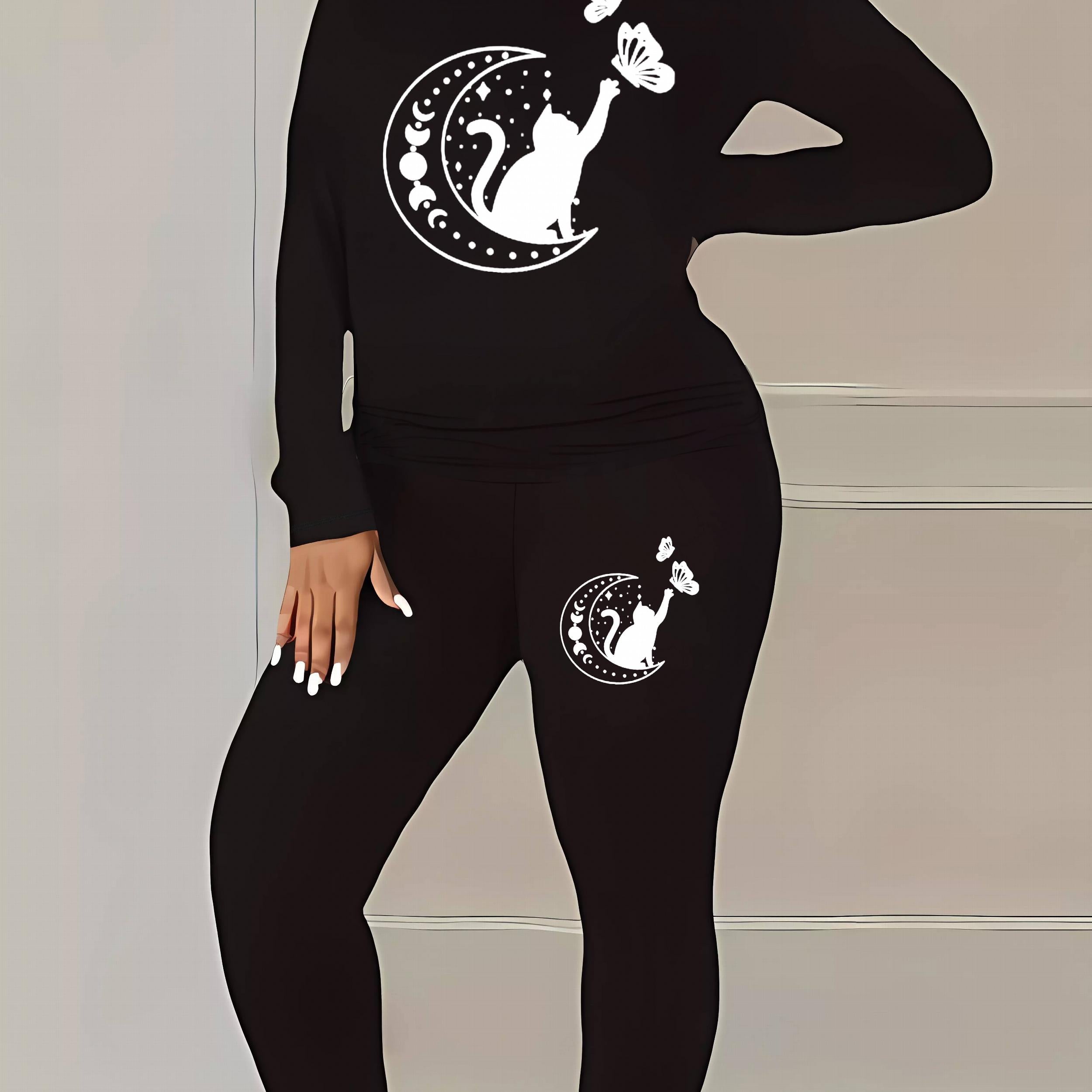  Cat & Moon & Butterfly Print Top & Leggings 2 Piece Set