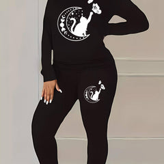  Cat & Moon & Butterfly Print Top & Leggings 2 Piece Set