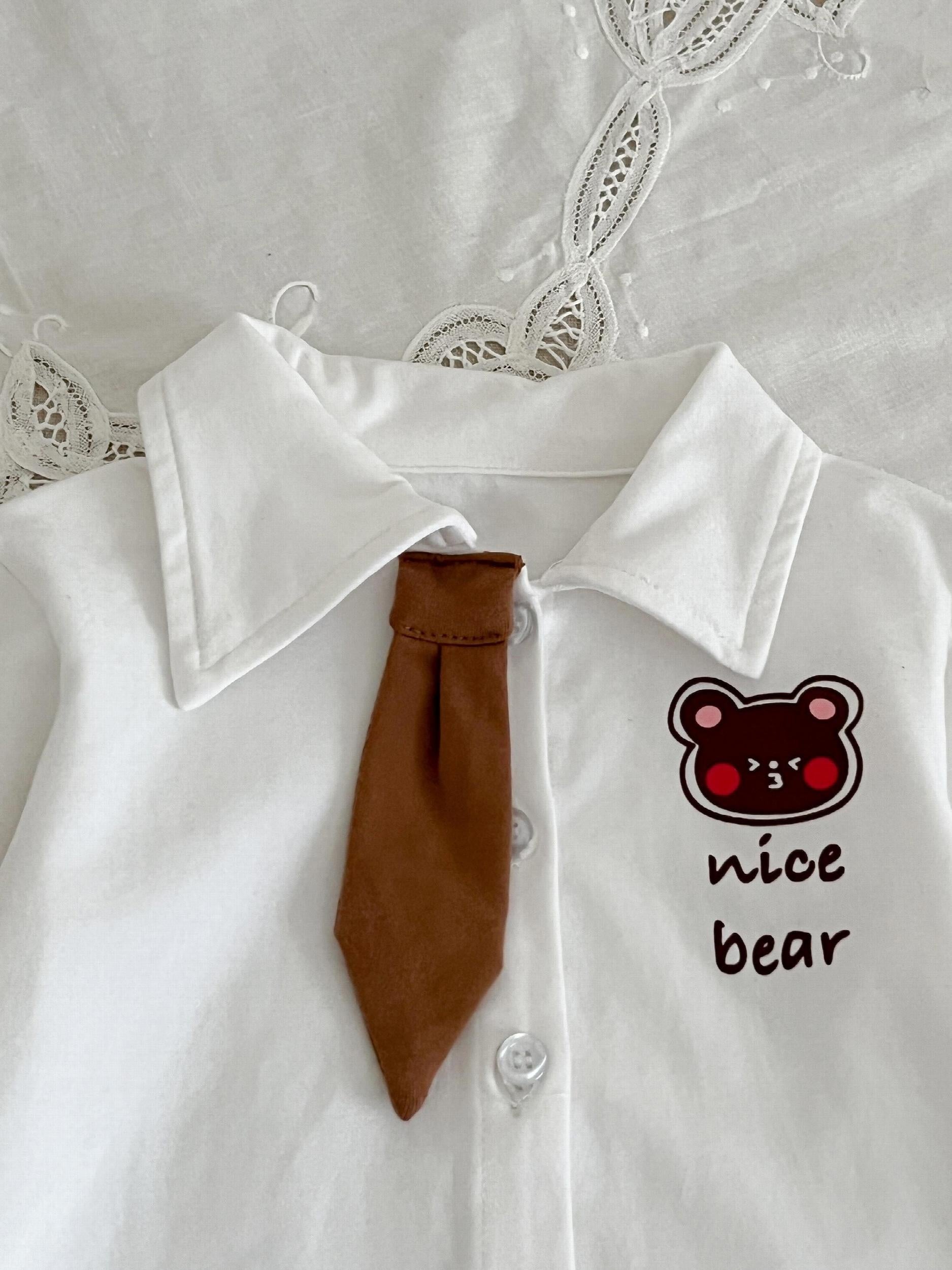 Baby Girl Preppy Style Polo Shirt with Bear Graphic Top