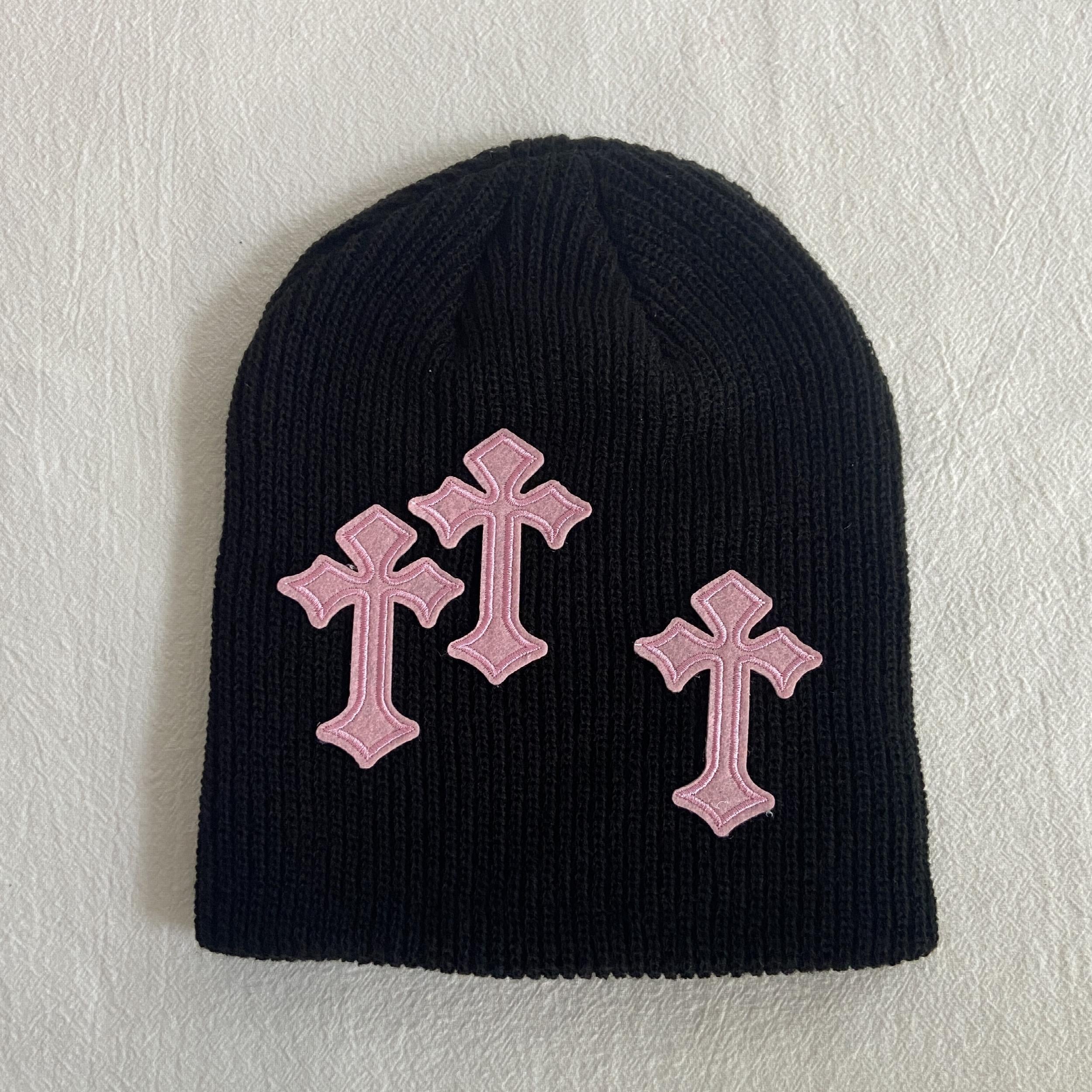 Gothic Cross Patch Knitted Beanie Solid Skull Hat Hip Hop Warm Knit Hat