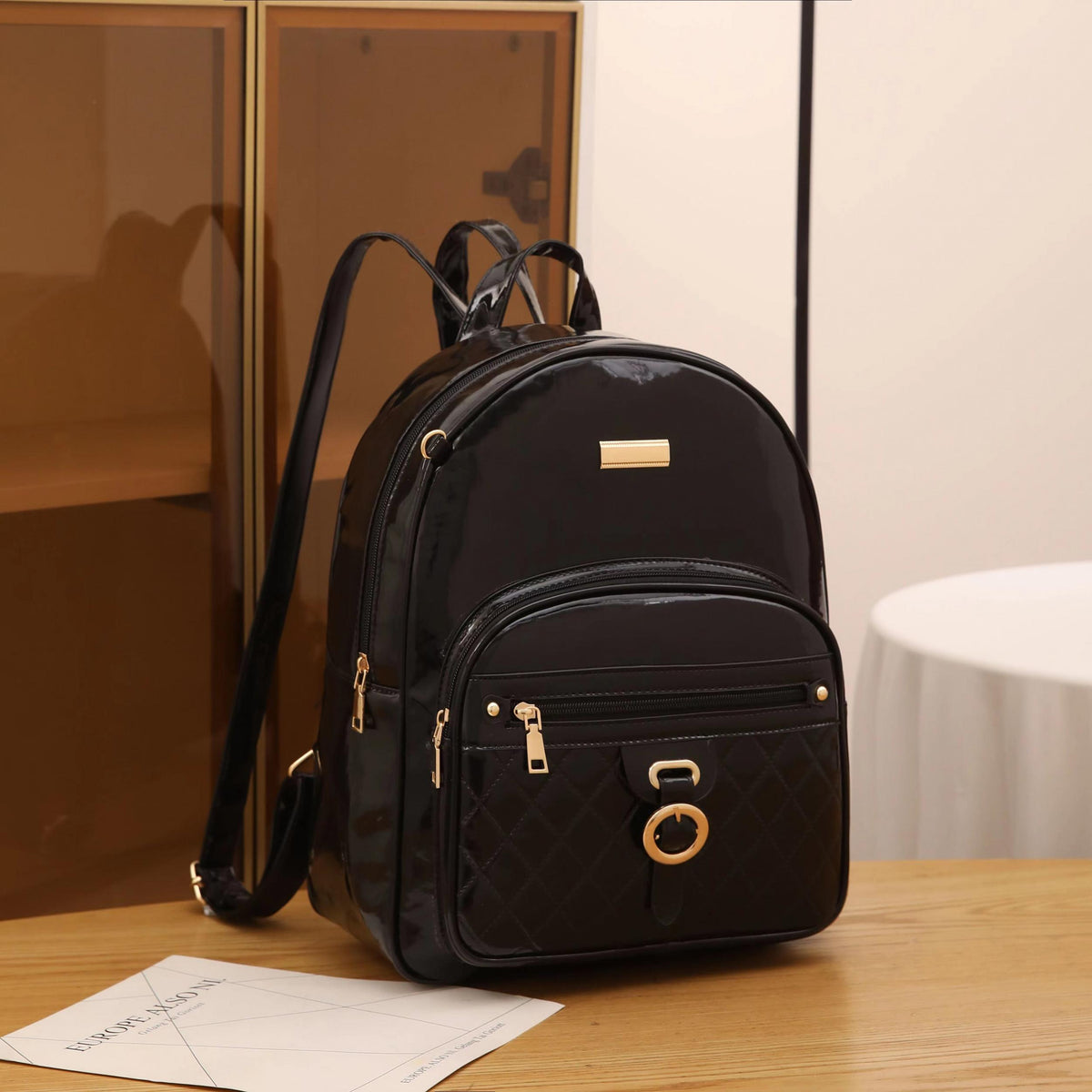 Quilted Glossy Large Capacity Backpack PU Leather Textured School Backpack