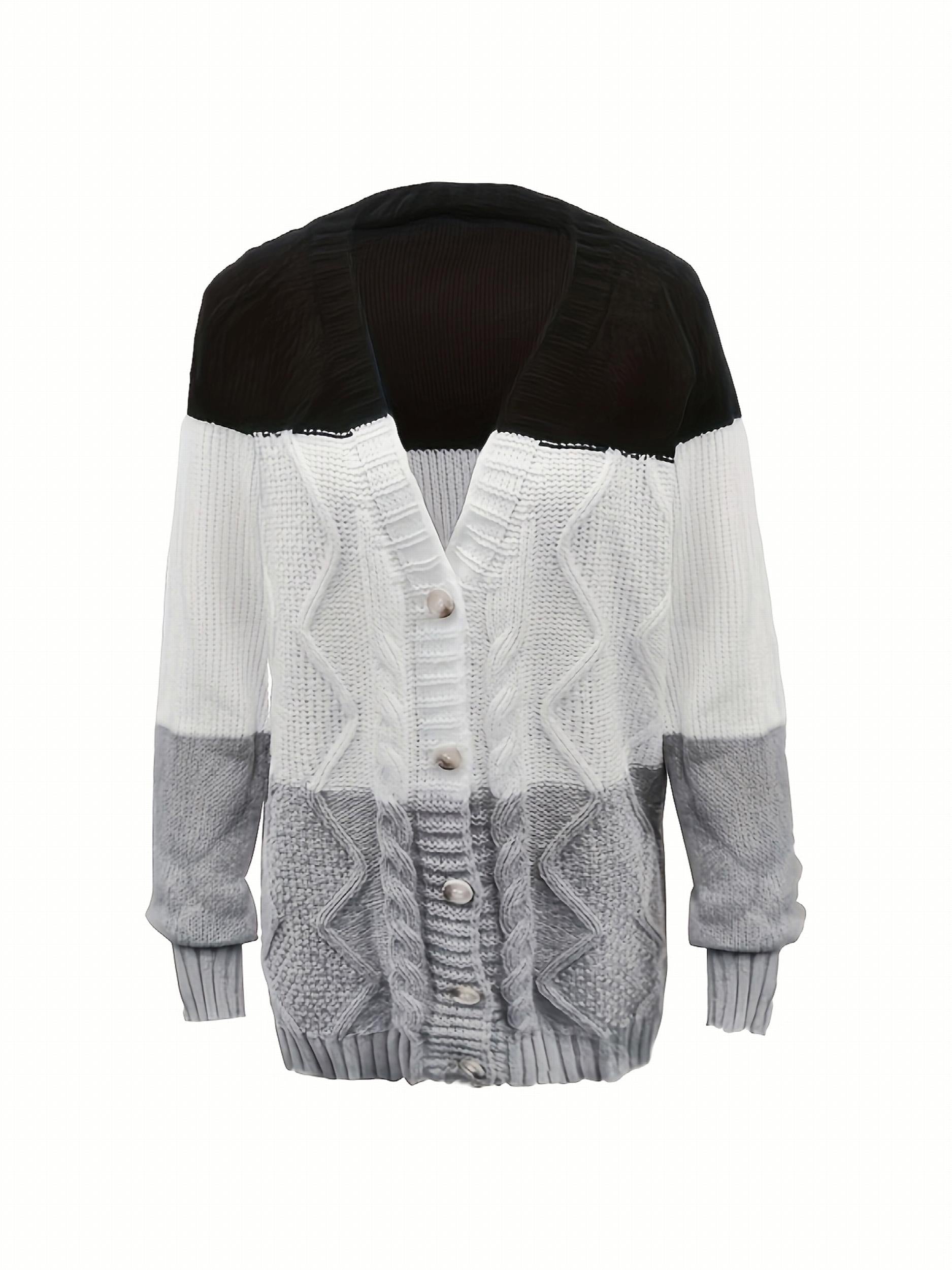 Block Knit Cardigan Button Front Casual Long Sleeve Sweater