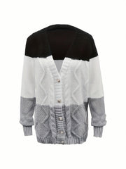 Block Knit Cardigan Button Front Casual Long Sleeve Sweater