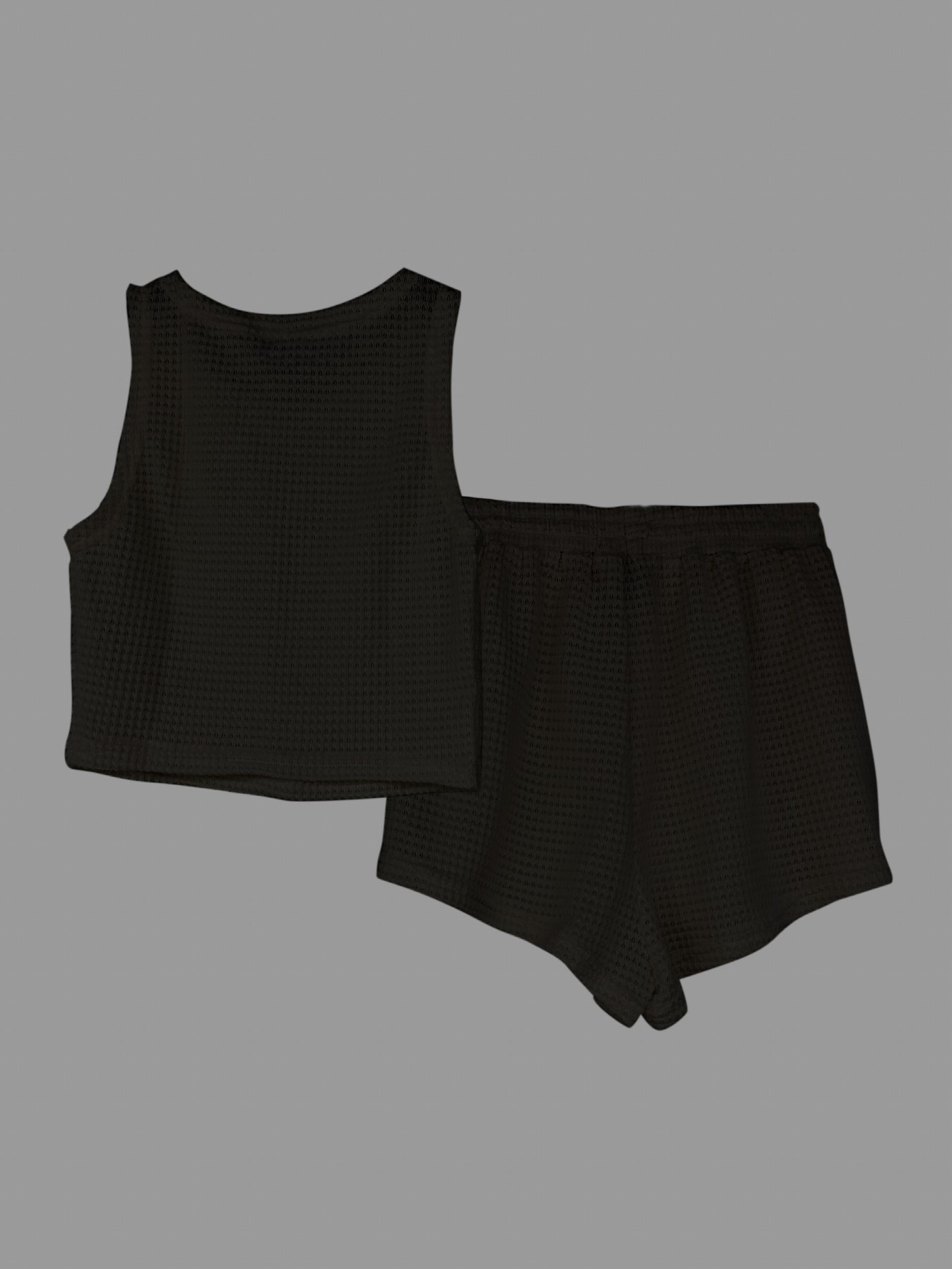 Waffle Two Piece Set Crew Neck Sleeveless Tank Top & Drawstring Shorts
