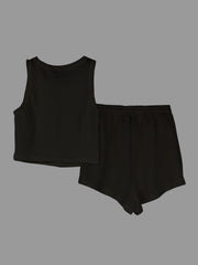 Waffle Two Piece Set Crew Neck Sleeveless Tank Top & Drawstring Shorts
