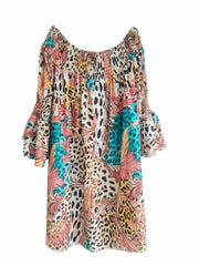  Off Shoulder Layered Bell Sleeve Loose Fit Dress