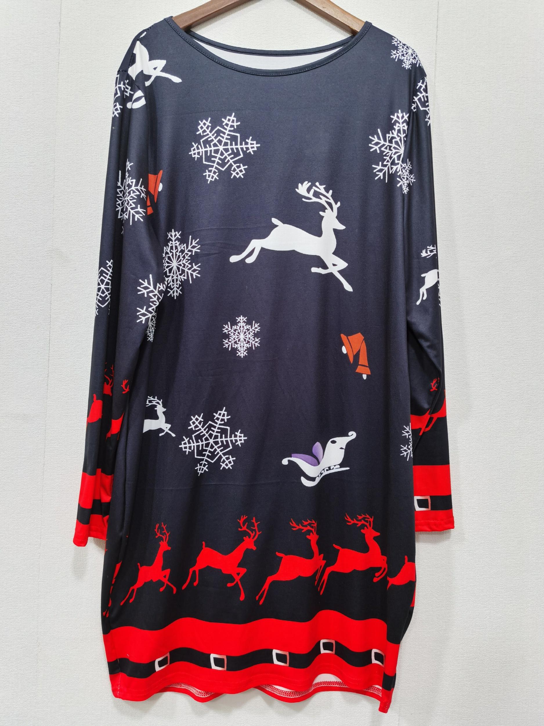  Reindeer & Snowflake Print Long Sleeve Christmas Dress