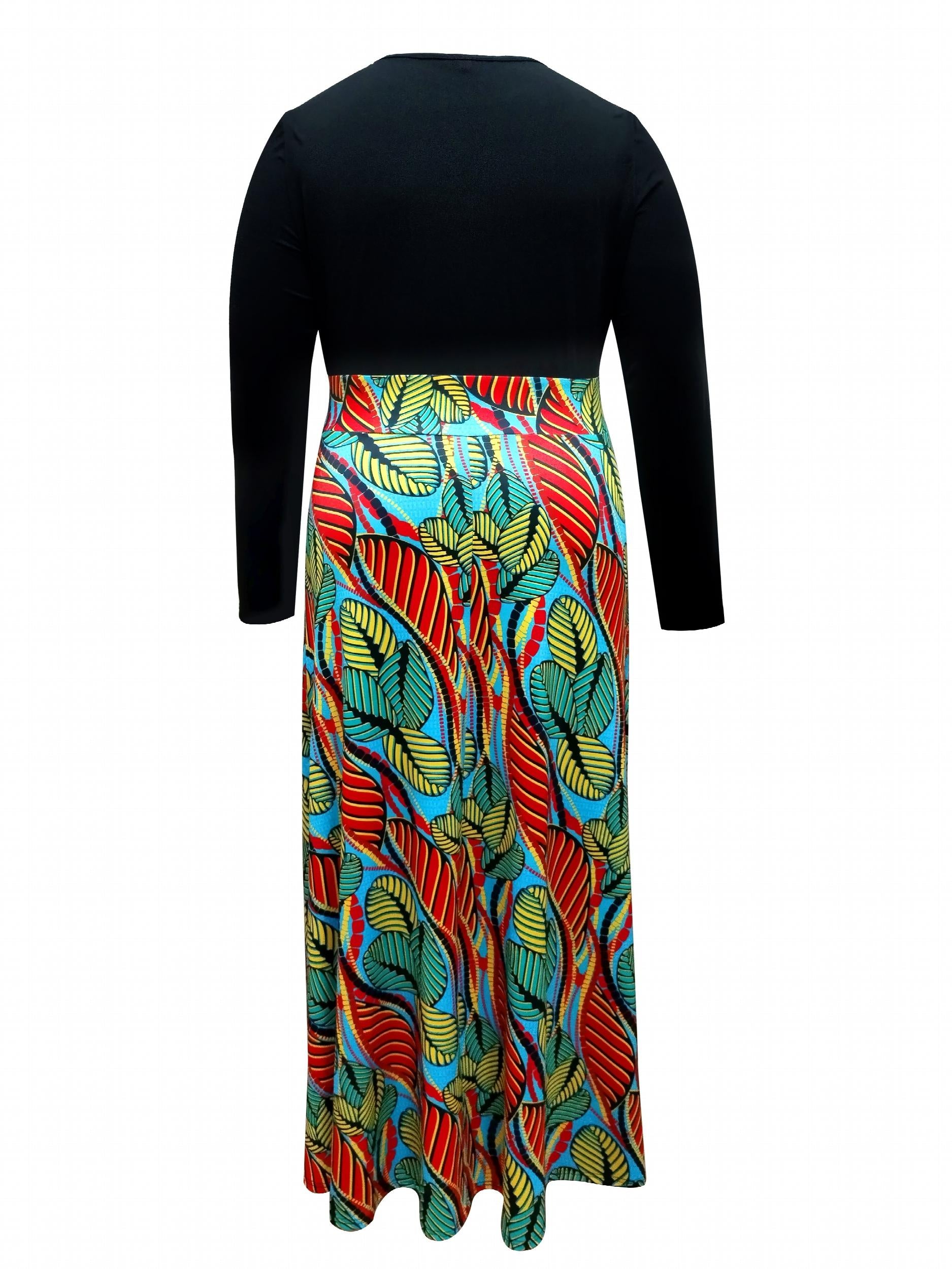  Colorblock Leaf Print Round Neck Maxi Dress