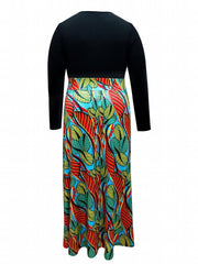  Colorblock Leaf Print Round Neck Maxi Dress
