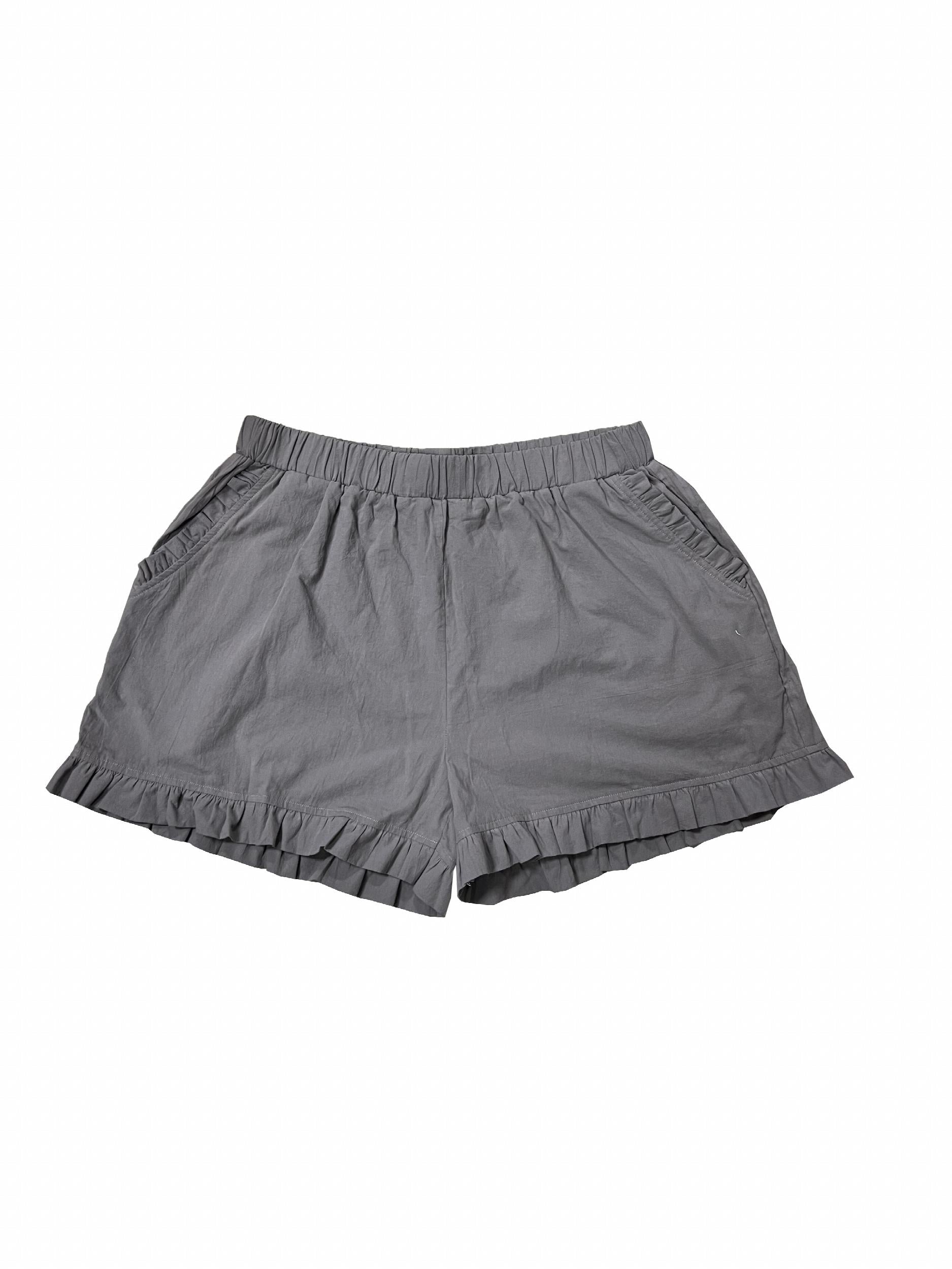  Solid Ruffle Trim Pocketed Shorts