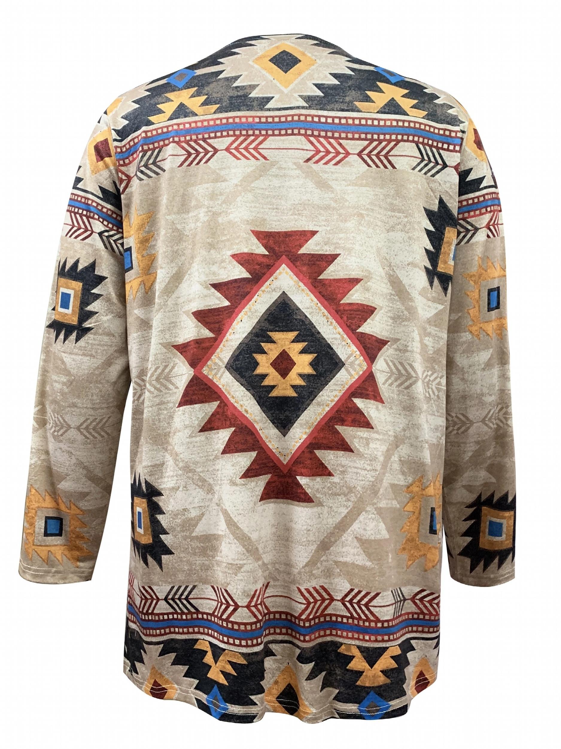  Geometric Print Long Sleeve Open Front Cardigan