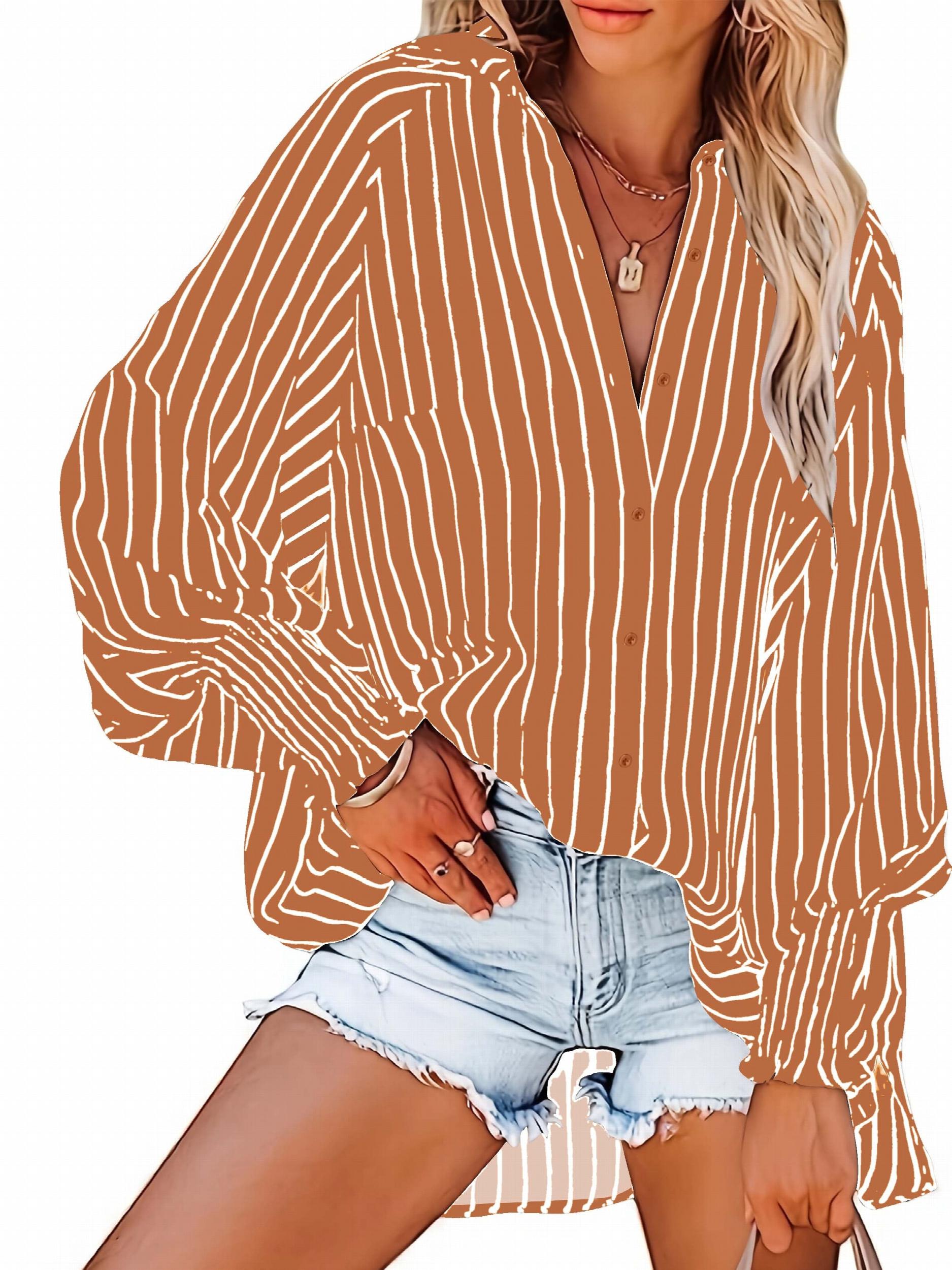  Striped Print Lantern Sleeve Button Up Collar Tunic Top