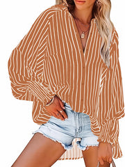  Striped Print Lantern Sleeve Button Up Collar Tunic Top