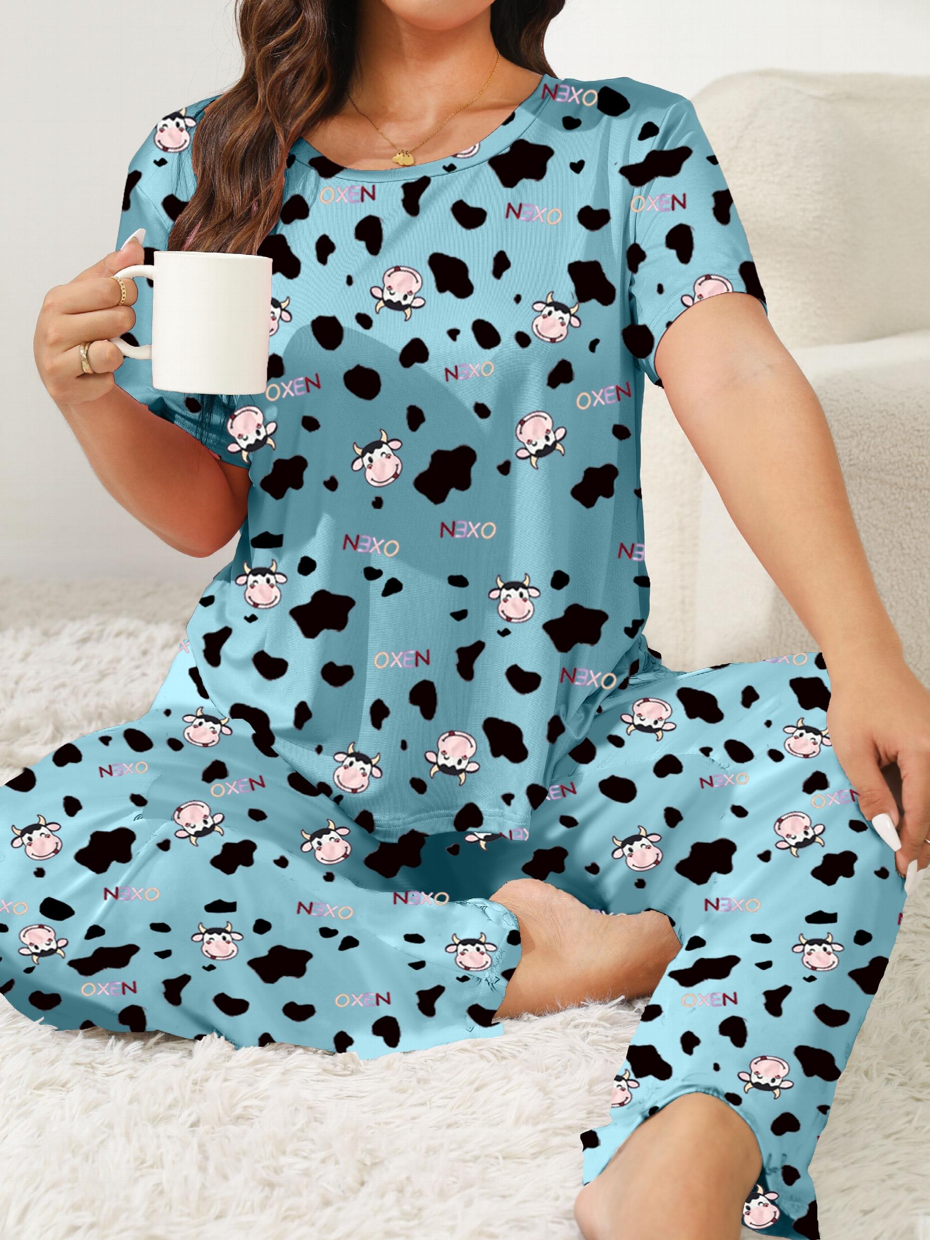  Cow & Letter Print Pajama Set Short Sleeve Tee & Pants Two Piece