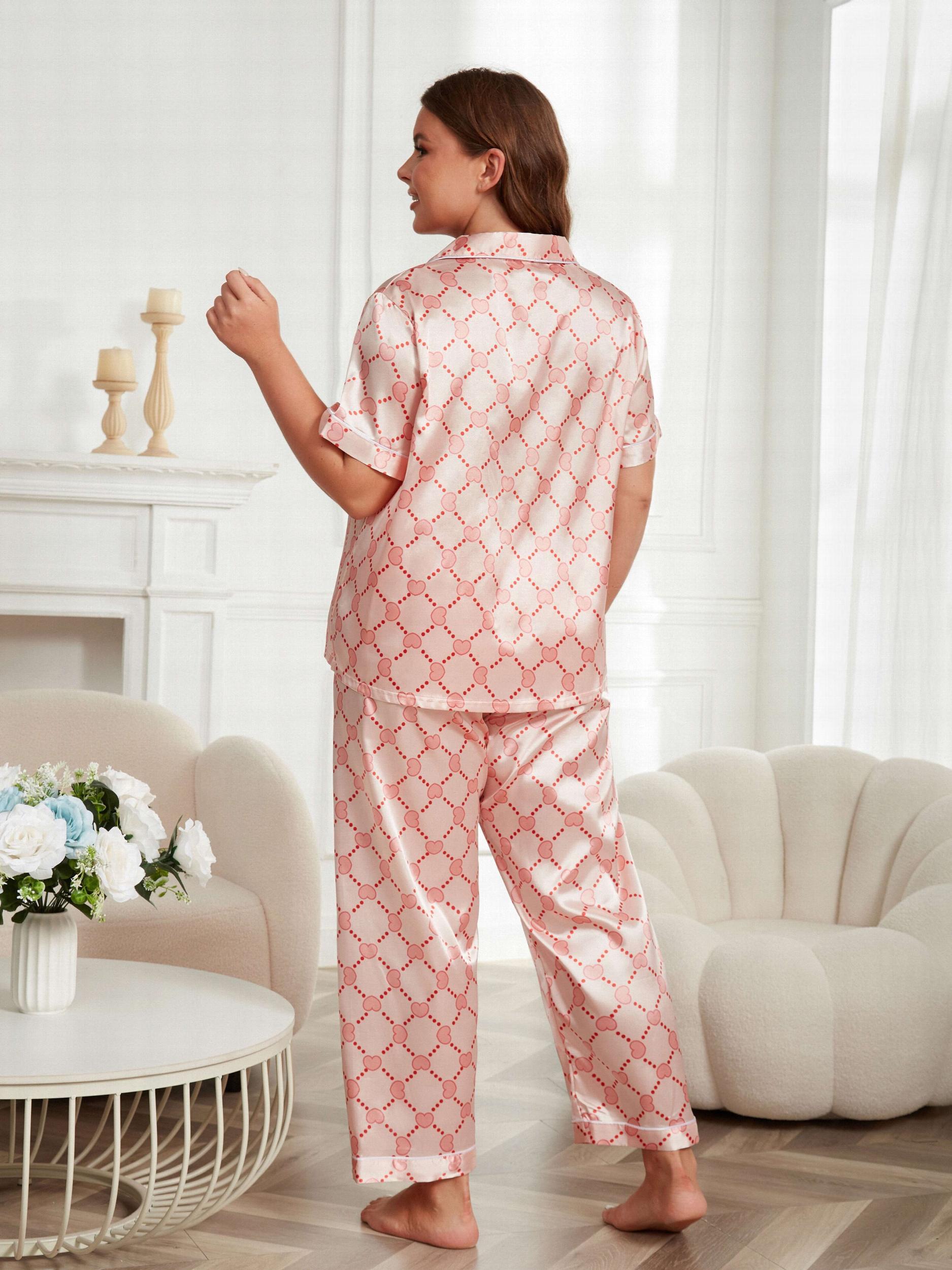  Satin Heart & Geo Print Pajama Set