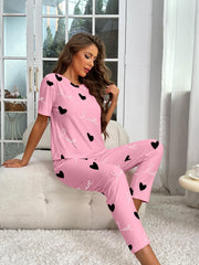 Heart Print Pajama Set Short Sleeve Top & Pants Women's Sleepwear