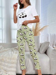 Cartoon Print Pajama Set & Crew Neck Top & Lounge Pants Women's Sleepwear