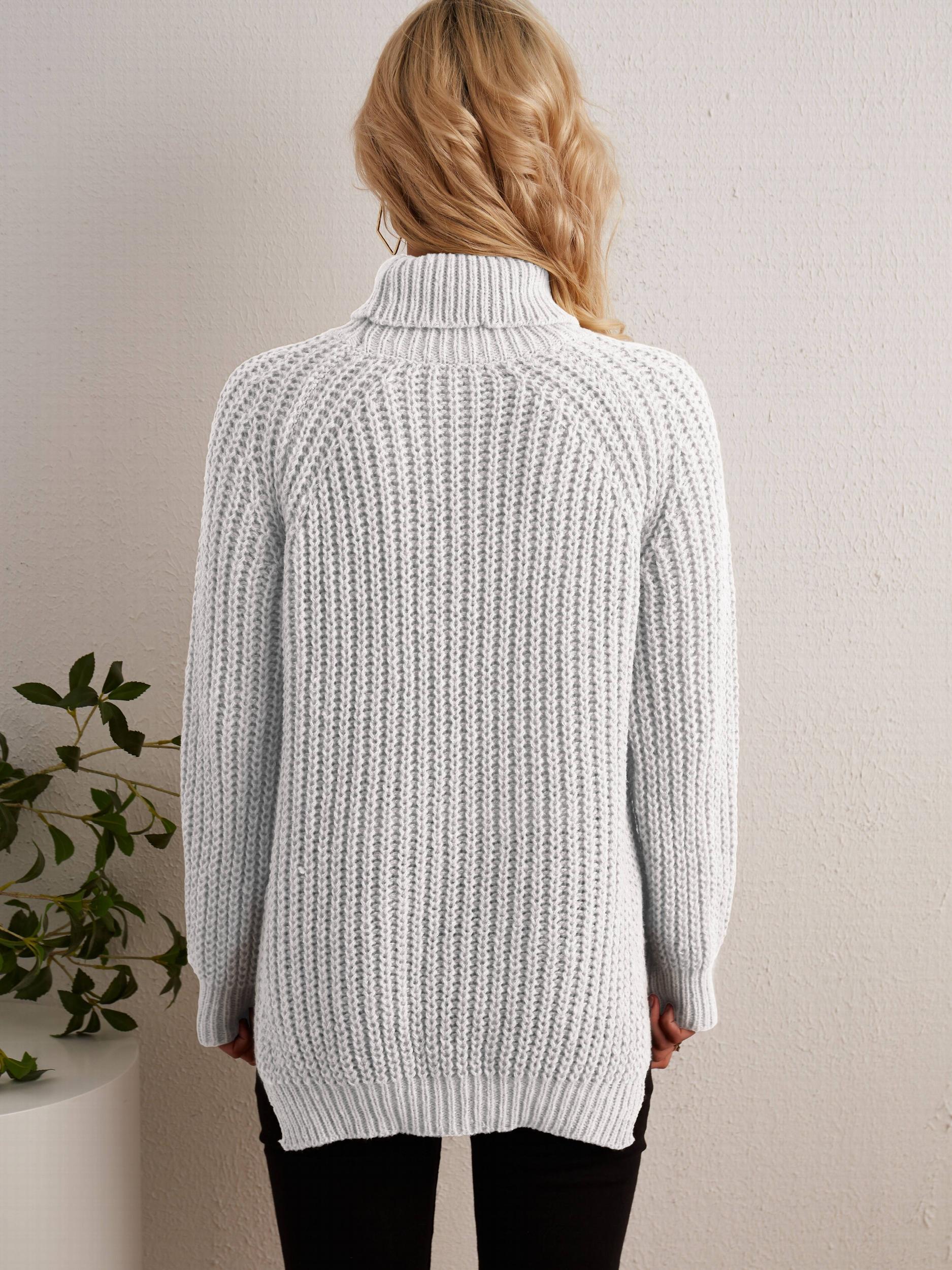 Oversized Turtleneck Sweater with Side Slit - Women's Clothing