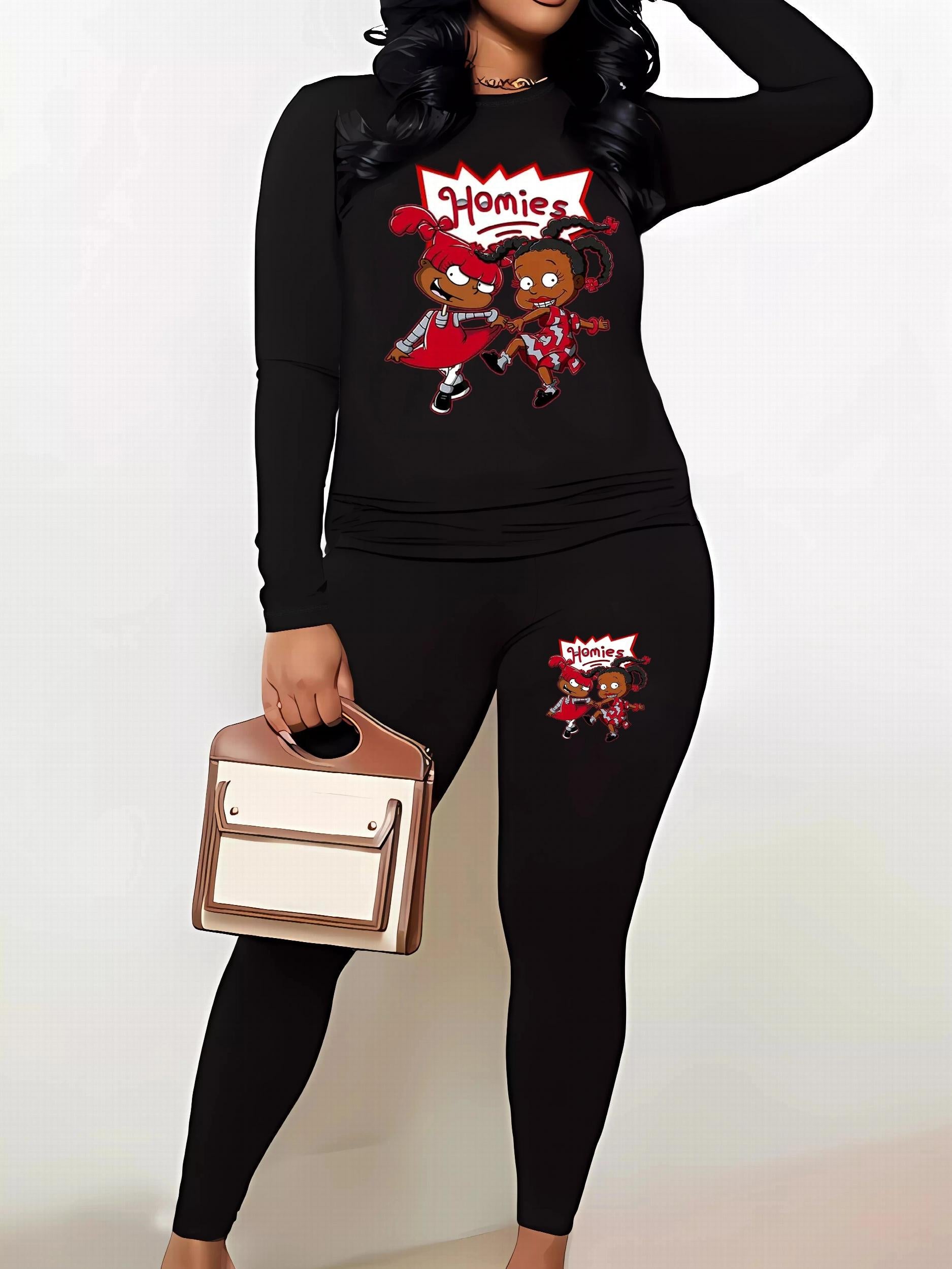  Cartoon Print Two Piece Set Women's Casual Outfit
