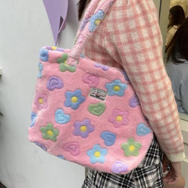 Floral Shoulder Bag Women Faux Fur Tote Large Capacity Handbag