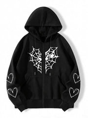 Halloween Heart Graphic Hooded Sports Sweatshirt Zipper Up Long Sleeve Hoodie