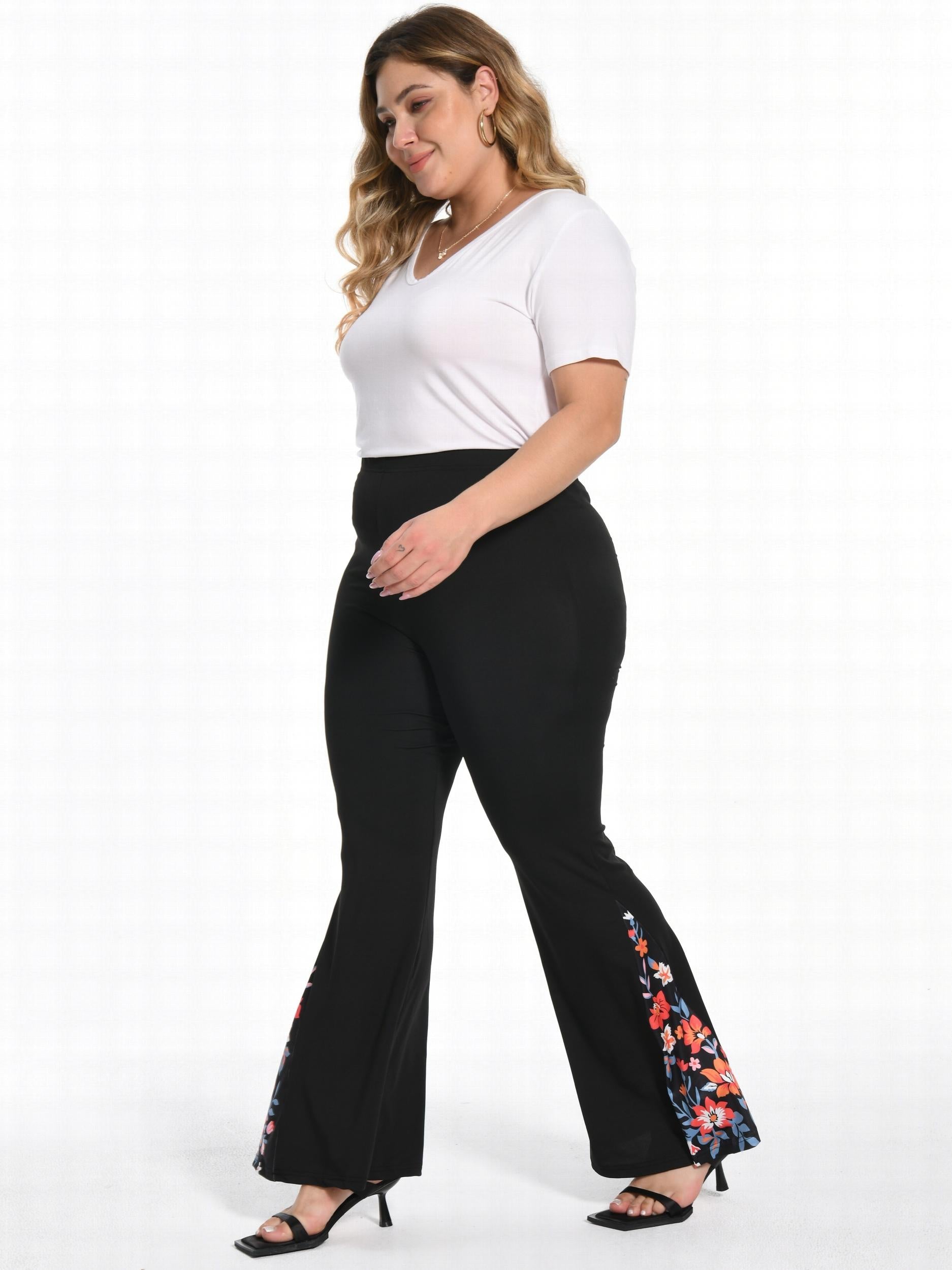  Colorblock Floral Print High Rise Flared Leg Pants