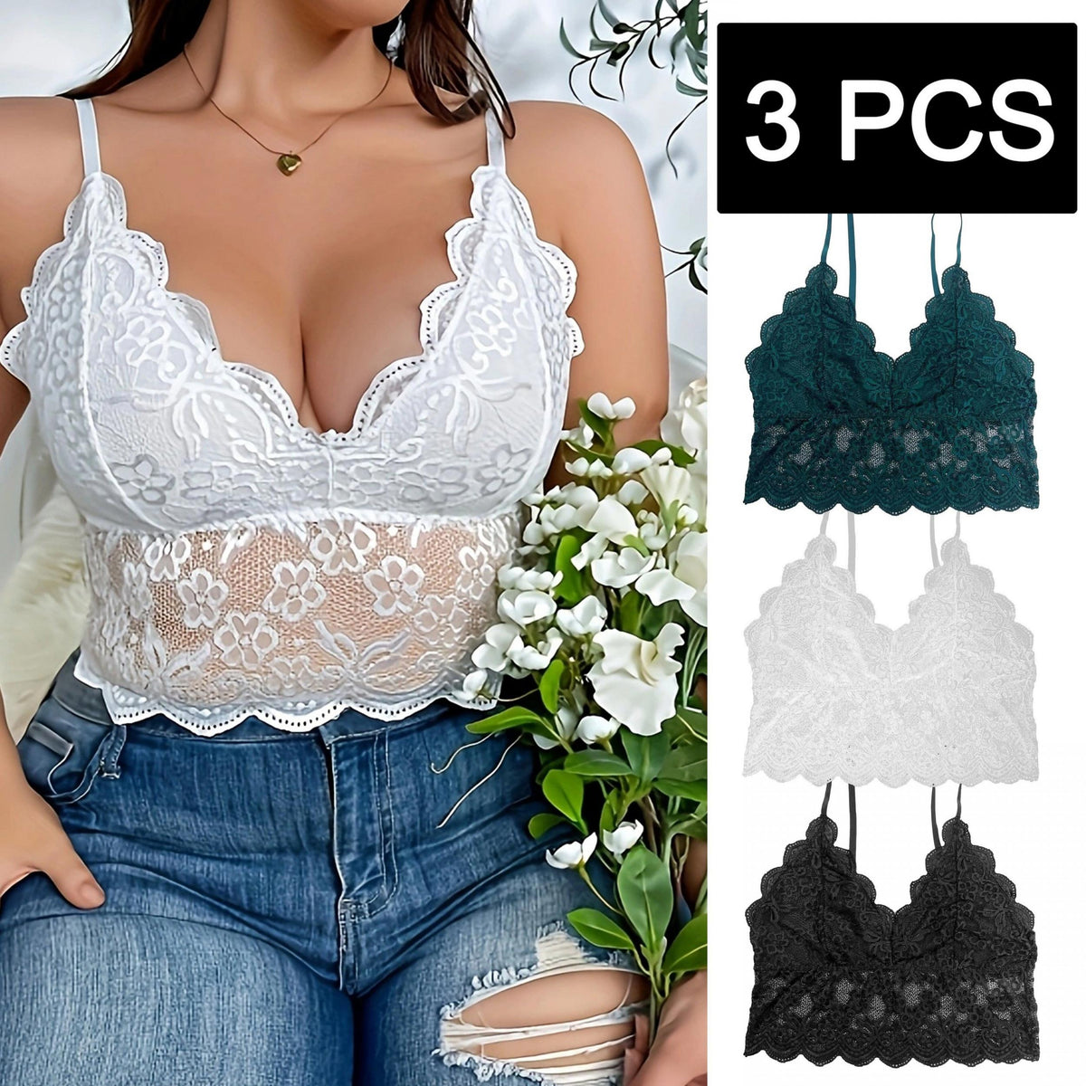 3 Pack Plus Size Bra Set Floral Lace V Neck Bralette