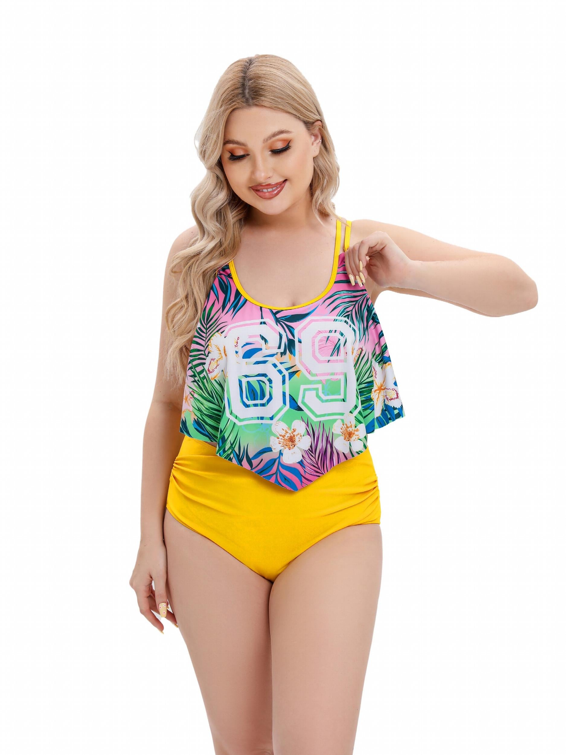  Tropical & Number Print Crop Tankini Set