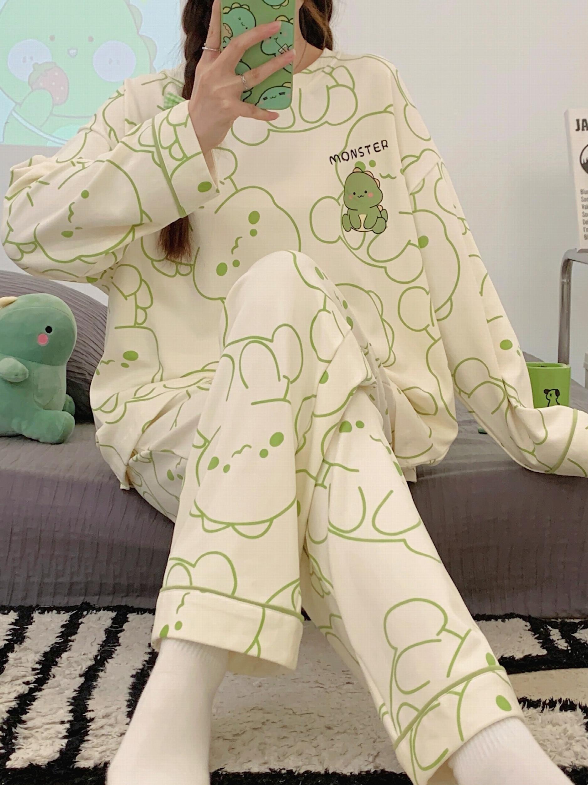 Dino Print Pajama Set Long Sleeve Top & Pants Women's Sleepwear