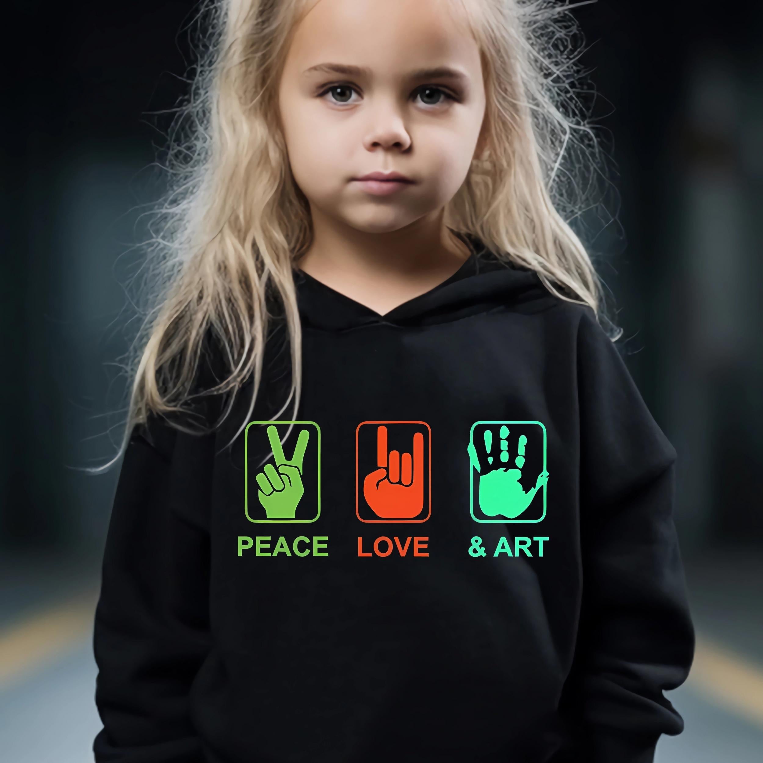 2pcs PEACE LOVE & ART Graphic Hoodies Pants Set Girls