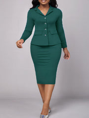 Lapel Blazer & Sheath Skirt Suit Set Business Outfit