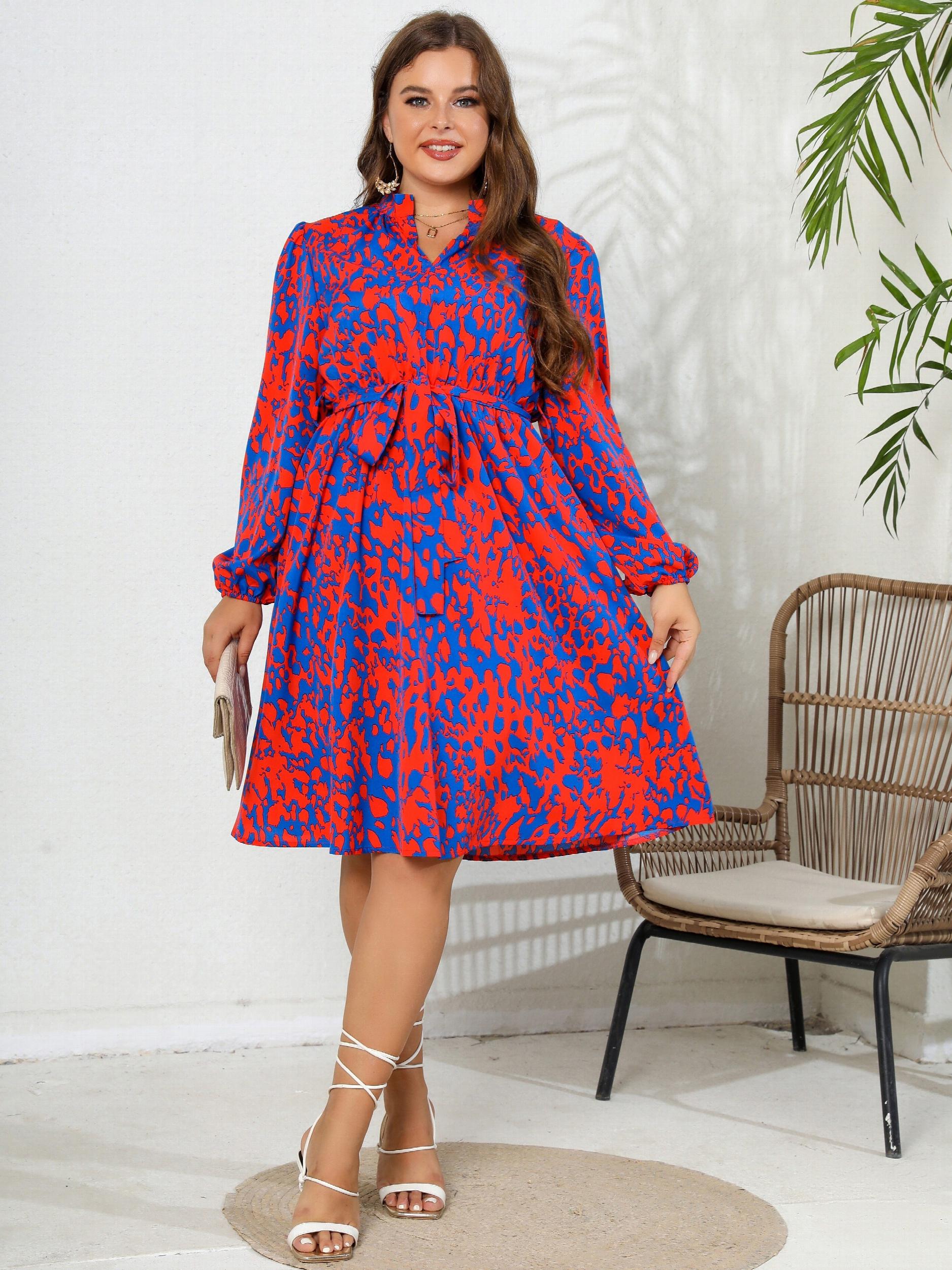  Leopard Print Lantern Sleeve A Line Dress With Belt
