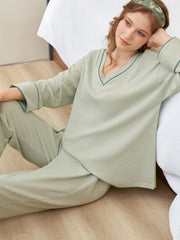 Solid Pajama Set Long Sleeve V Neck Top & Elastic Waistband Pants