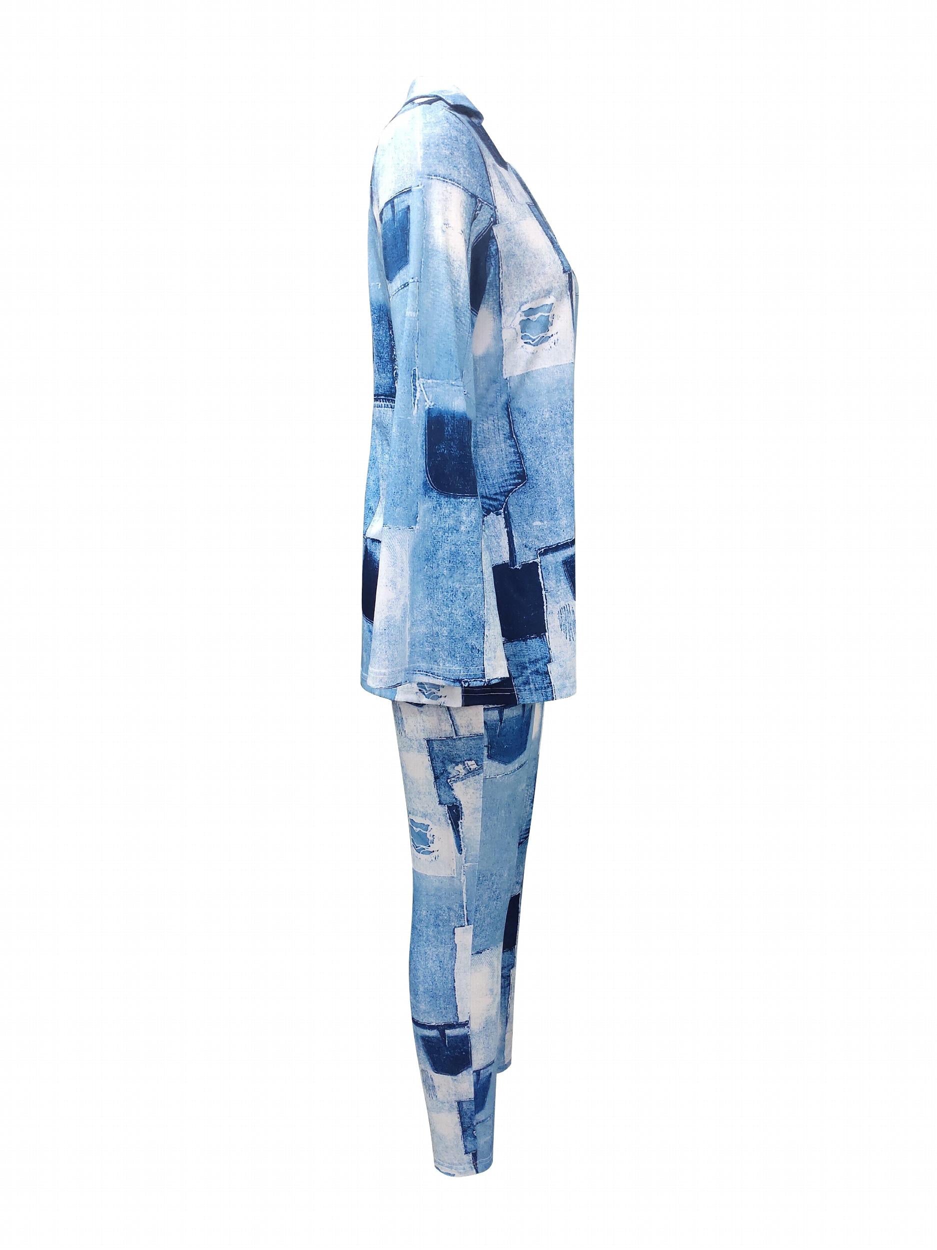 Patchwork Print Two Piece Set V Neck Long Sleeve Tops & Pants