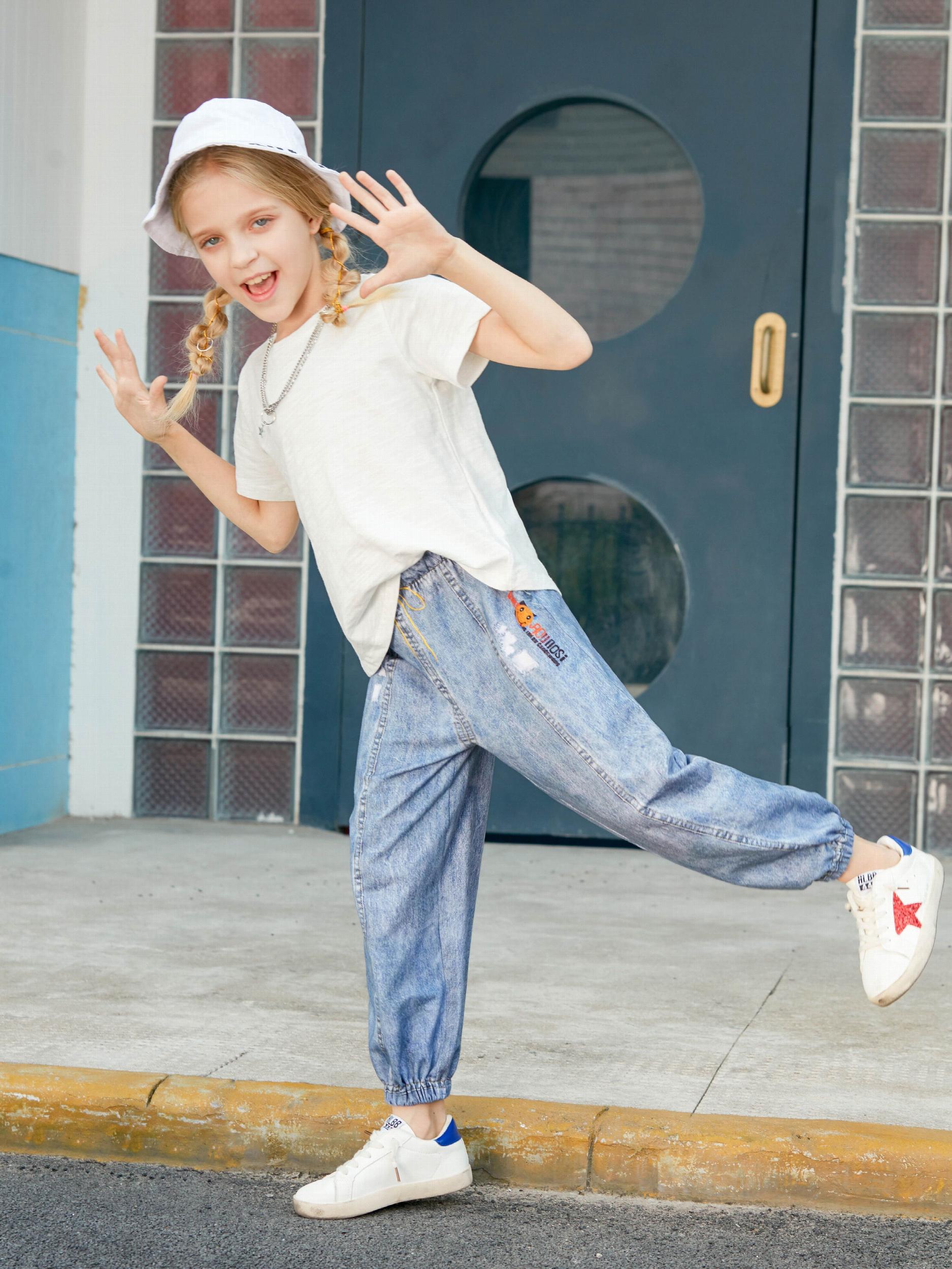 Kids Faux Denim Cotton Trousers Soft Washed Non-fading