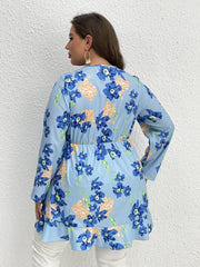  Floral Print Long Sleeve Ruffle Trim Surplice Neck Pleated Top
