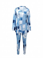 Patchwork Print Two Piece Set V Neck Long Sleeve Tops & Pants