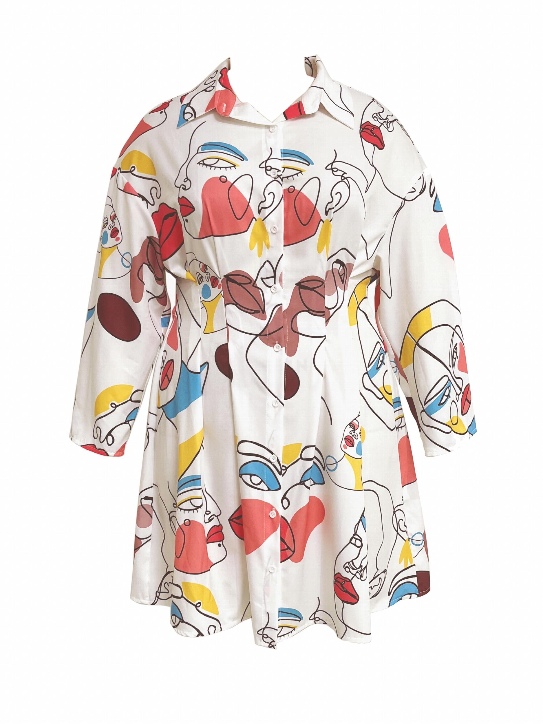  Abstract Face Print Button Up Shirt Dress