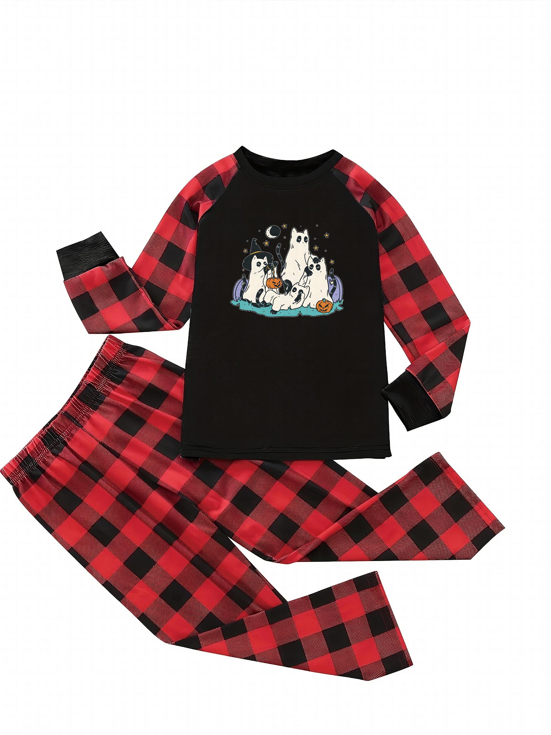 Plus Size Cat Ghost Pajama Set Women's Tee & Pants Lounge Two Piece Set