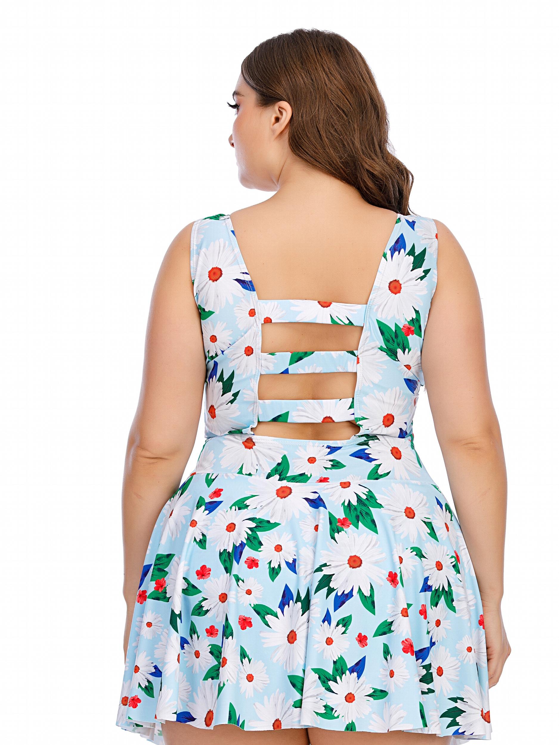  Daisy Print Cut Out Lace One Piece Swimsuit