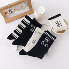 5 Pairs Letter & Stripe Print Ribbed Socks Women's Stockings