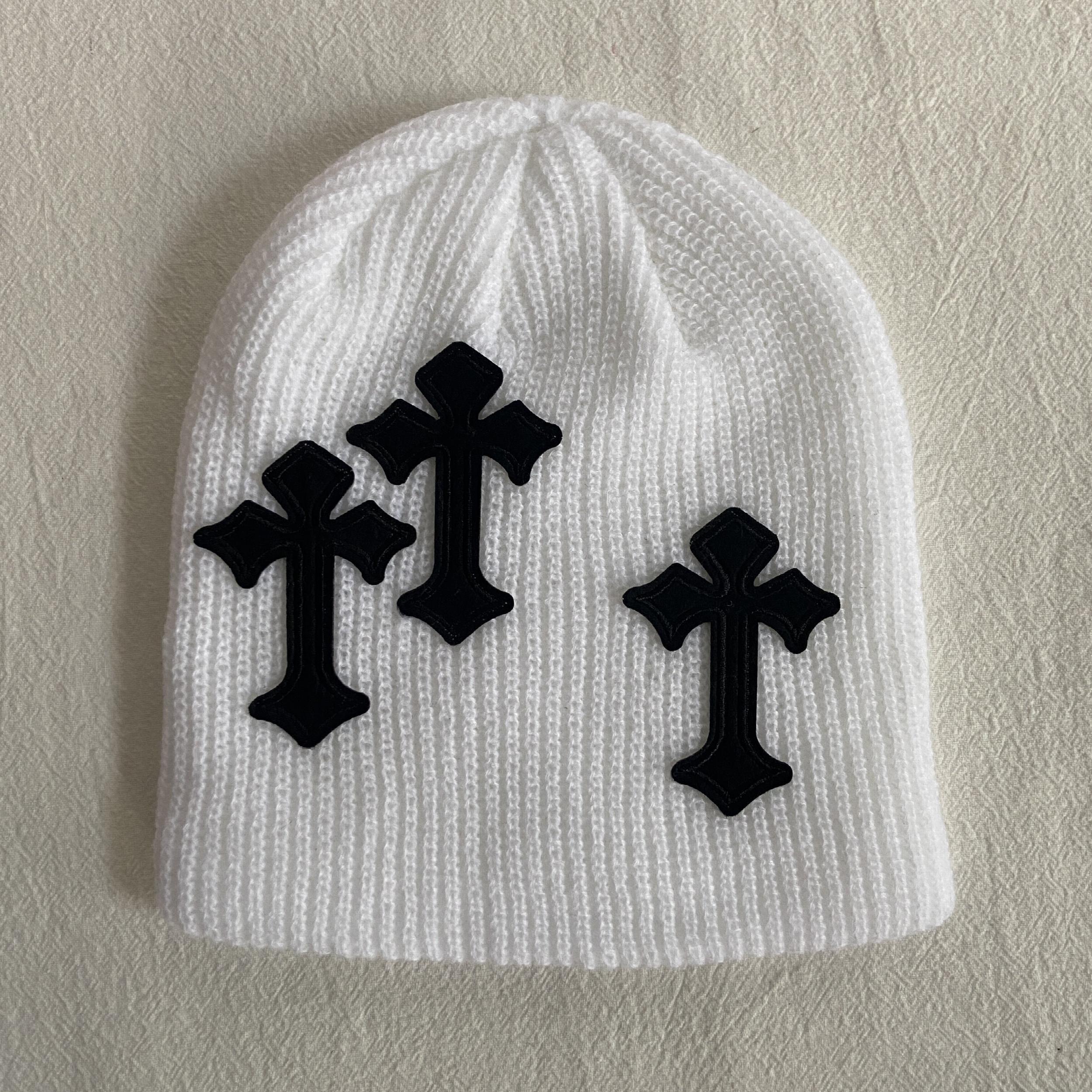 Gothic Cross Patch Knitted Beanie Solid Skull Hat Hip Hop Warm Knit Hat