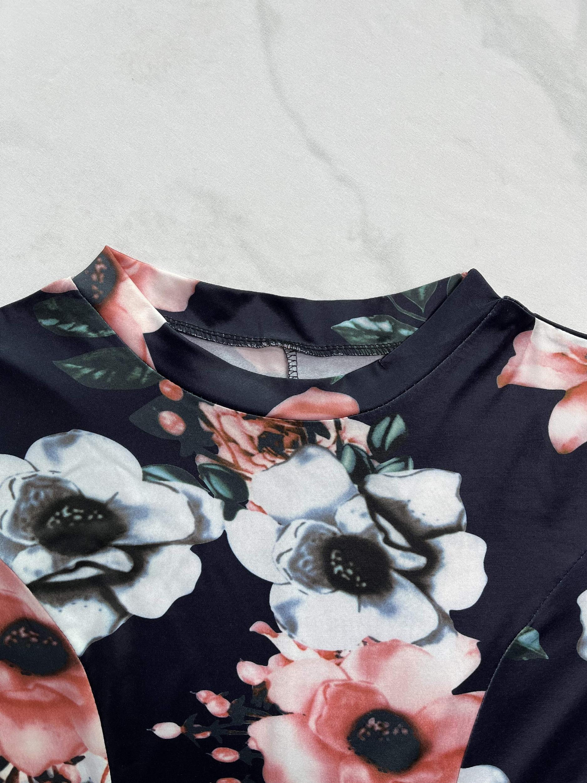  Casual Dress Women's Plus Floral Print Long Sleeve Round Neck